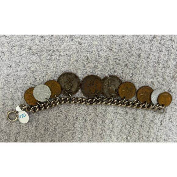 Vintage Multi National Coin Silver Tone Bracelet 6.75" #65108 - Picture 6 of 6